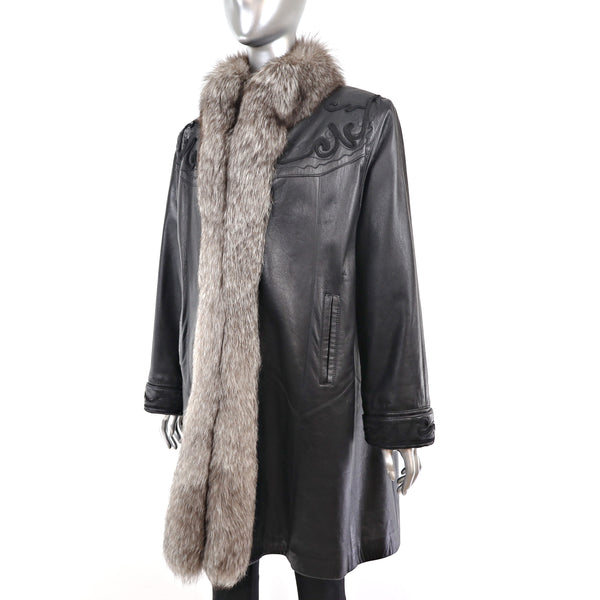 Leather Coat with Silver Fox Tuxedo- Size L