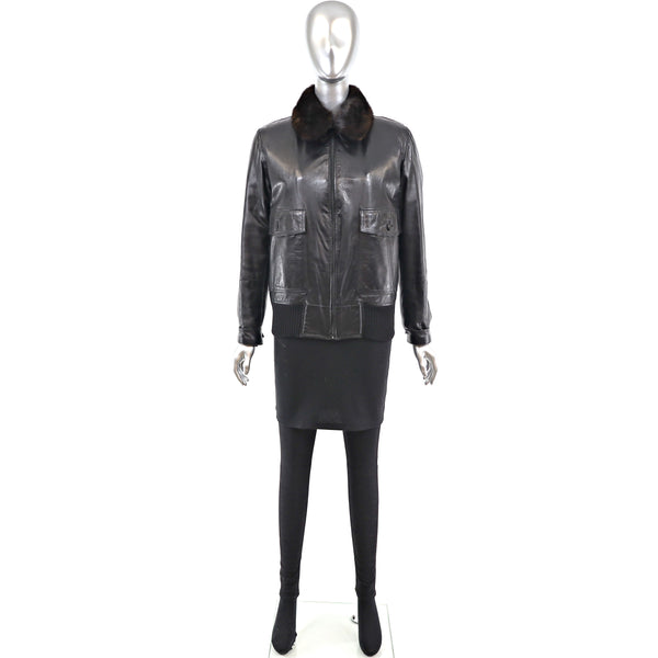 Leather Jacket with Mink Collar- Size S