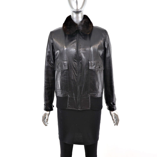 Leather Jacket with Mink Collar- Size S