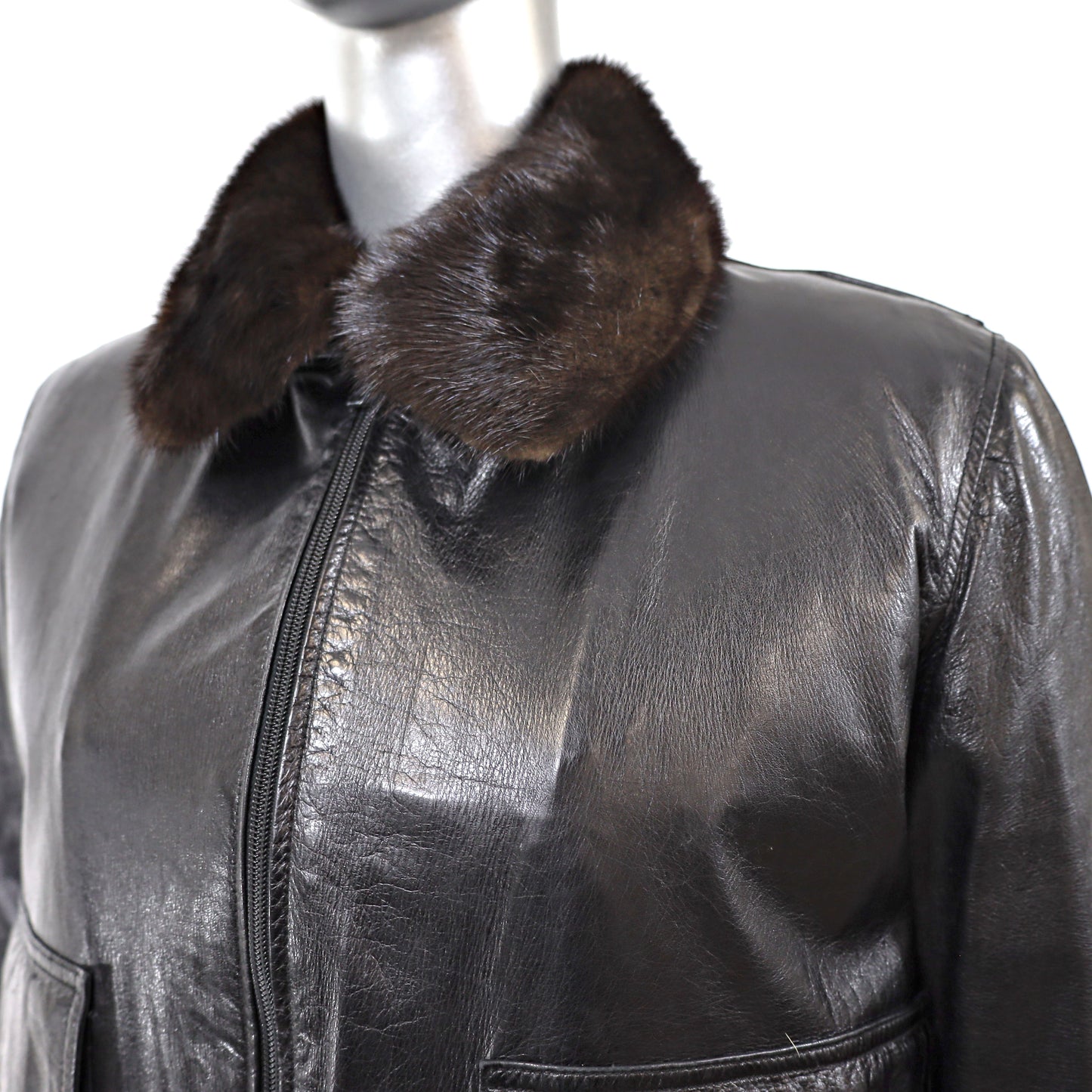 Leather Jacket with Mink Collar- Size S