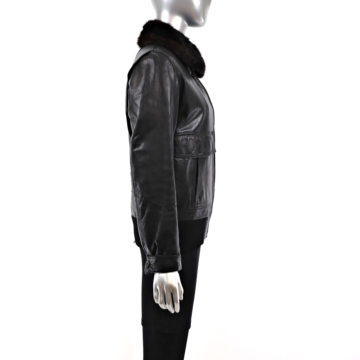 Leather Jacket with Mink Collar- Size S