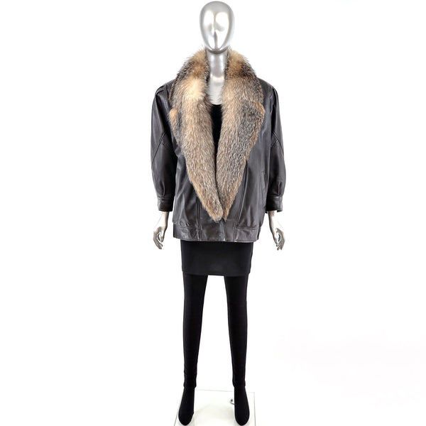 Leather Jacket with Crystal Fox Collar- Size L