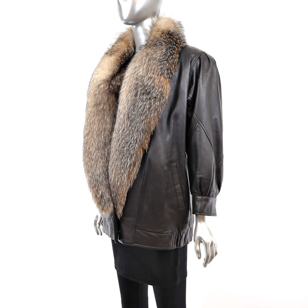 Leather Jacket with Crystal Fox Collar- Size L