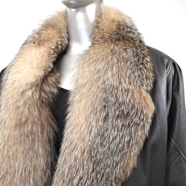 Leather Jacket with Crystal Fox Collar- Size L