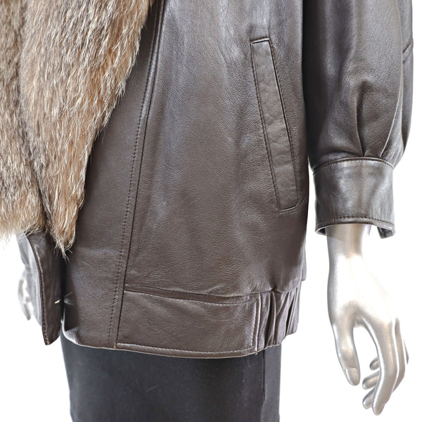 Leather Jacket with Crystal Fox Collar- Size L