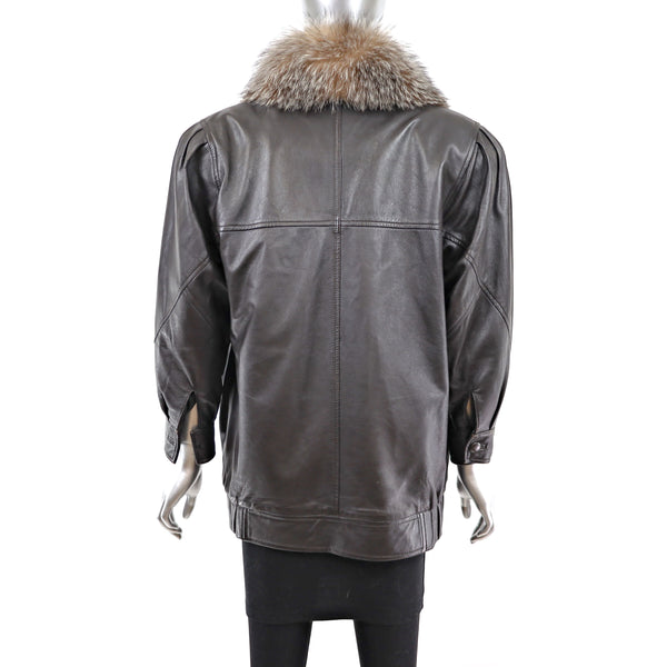 Leather Jacket with Crystal Fox Collar- Size L
