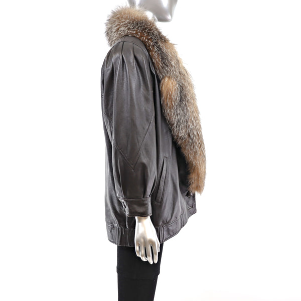 Leather Jacket with Crystal Fox Collar- Size L