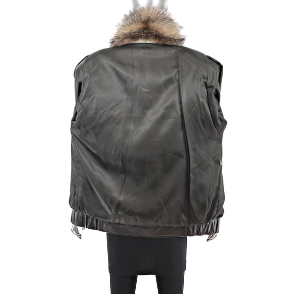 Leather Jacket with Crystal Fox Collar- Size L