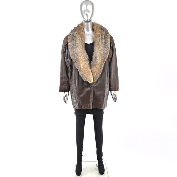 Leather Jacket with Removable Crystal Fox Collar- Size L