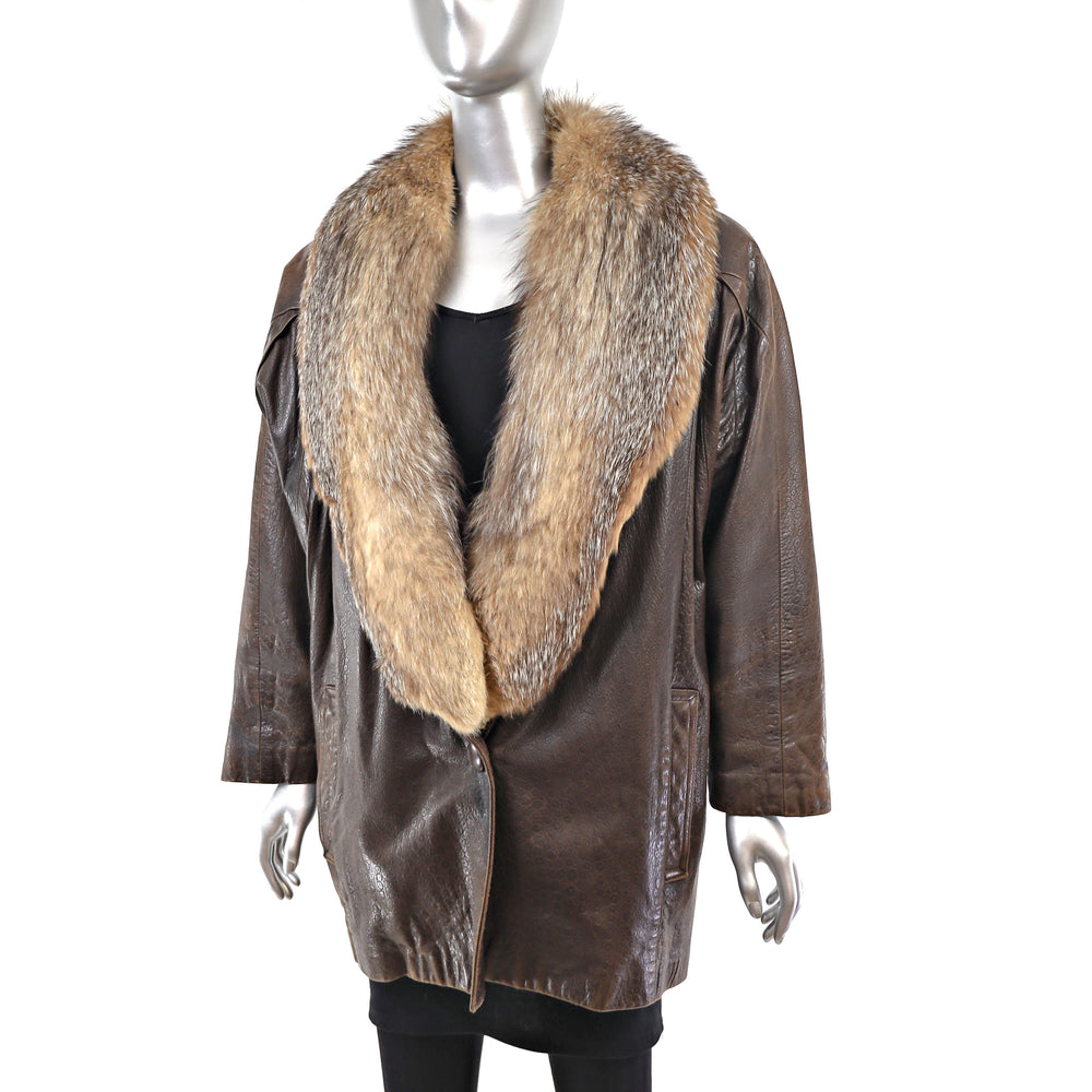 Leather Jacket with Removable Crystal Fox Collar- Size L