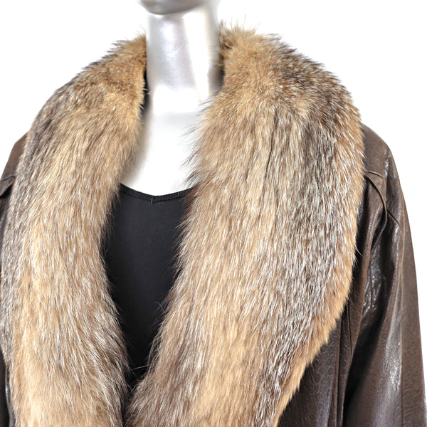 Leather Jacket with Removable Crystal Fox Collar- Size L