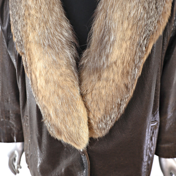Leather Jacket with Removable Crystal Fox Collar- Size L