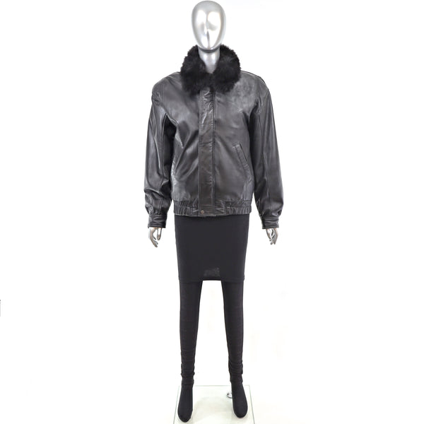 Leather Bomber Jacket with Removable Opossum Lining- Size S