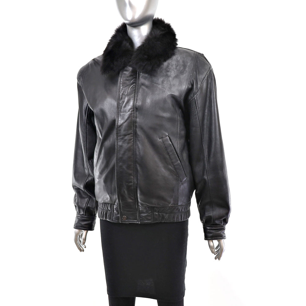 Leather Bomber Jacket with Removable Opossum Lining- Size S
