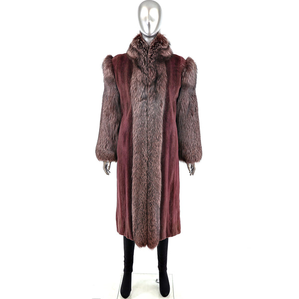Sheared Mink Coat with Fox Tuxedo and Sleeves- Size M