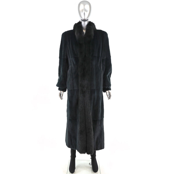 Dark Green Sheared Mink Coat with Fox Tuxedo- Size L