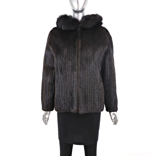 Dark Brown Corded Mink Jacket with Hood- Size S