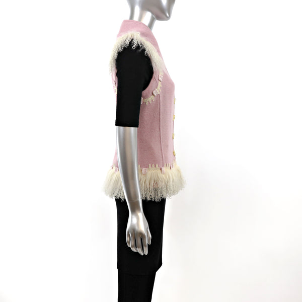 Pink Wool Vest with Tibetan Lamb Trim- Size XS