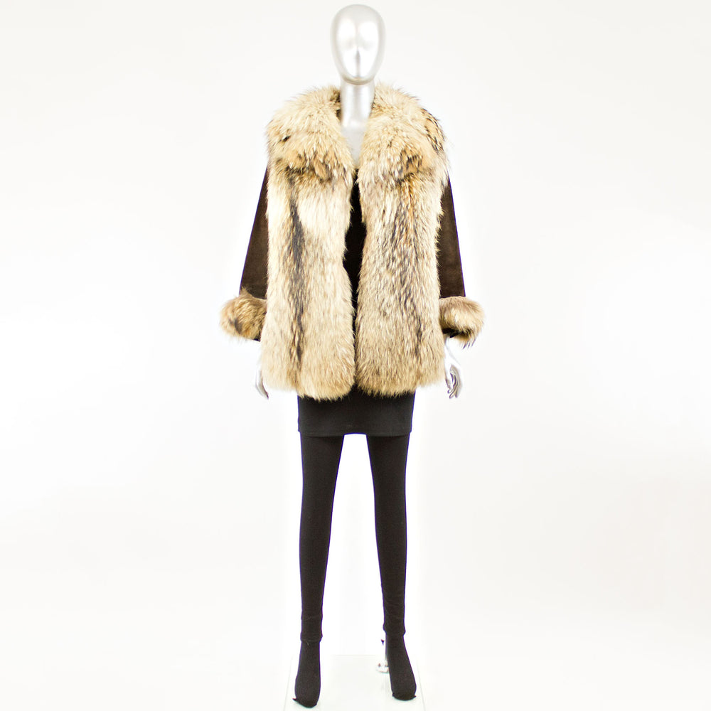 Raccoon Jacket with brown suede sleeves - Size XS-S