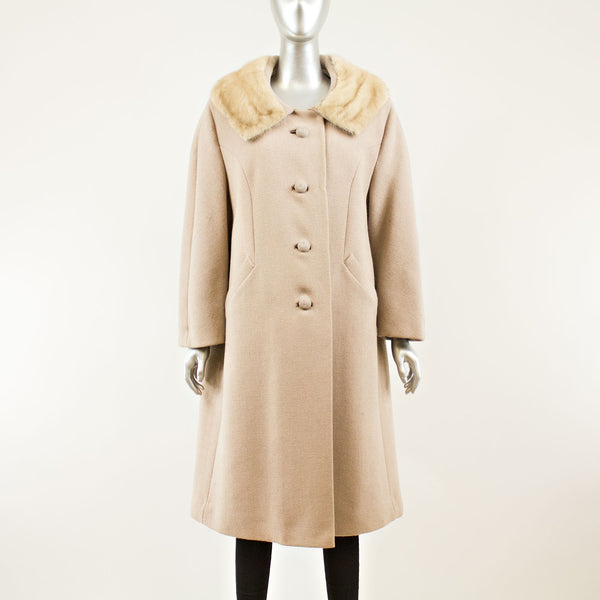 Taupe Cloth Coat Pastel Mink Collar - Size L (Vintage Furs)