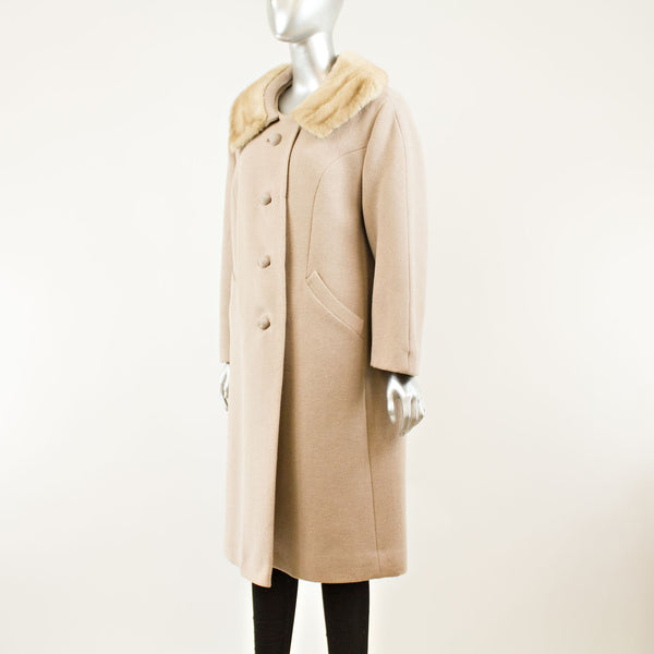 Taupe Cloth Coat Pastel Mink Collar - Size L (Vintage Furs)