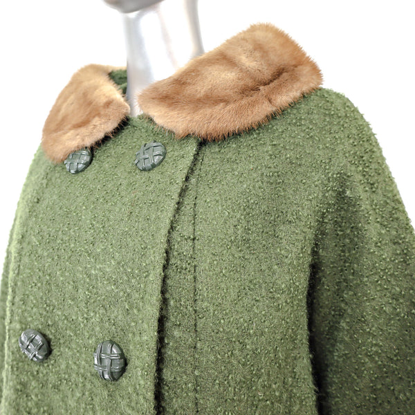Green Wool Coat with Mink Collar- Size L