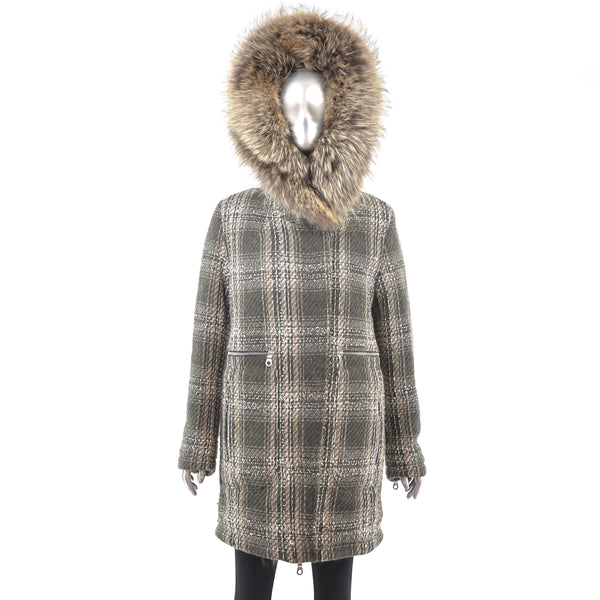 Wool Coat with Raccoon Trim- Size M-L
